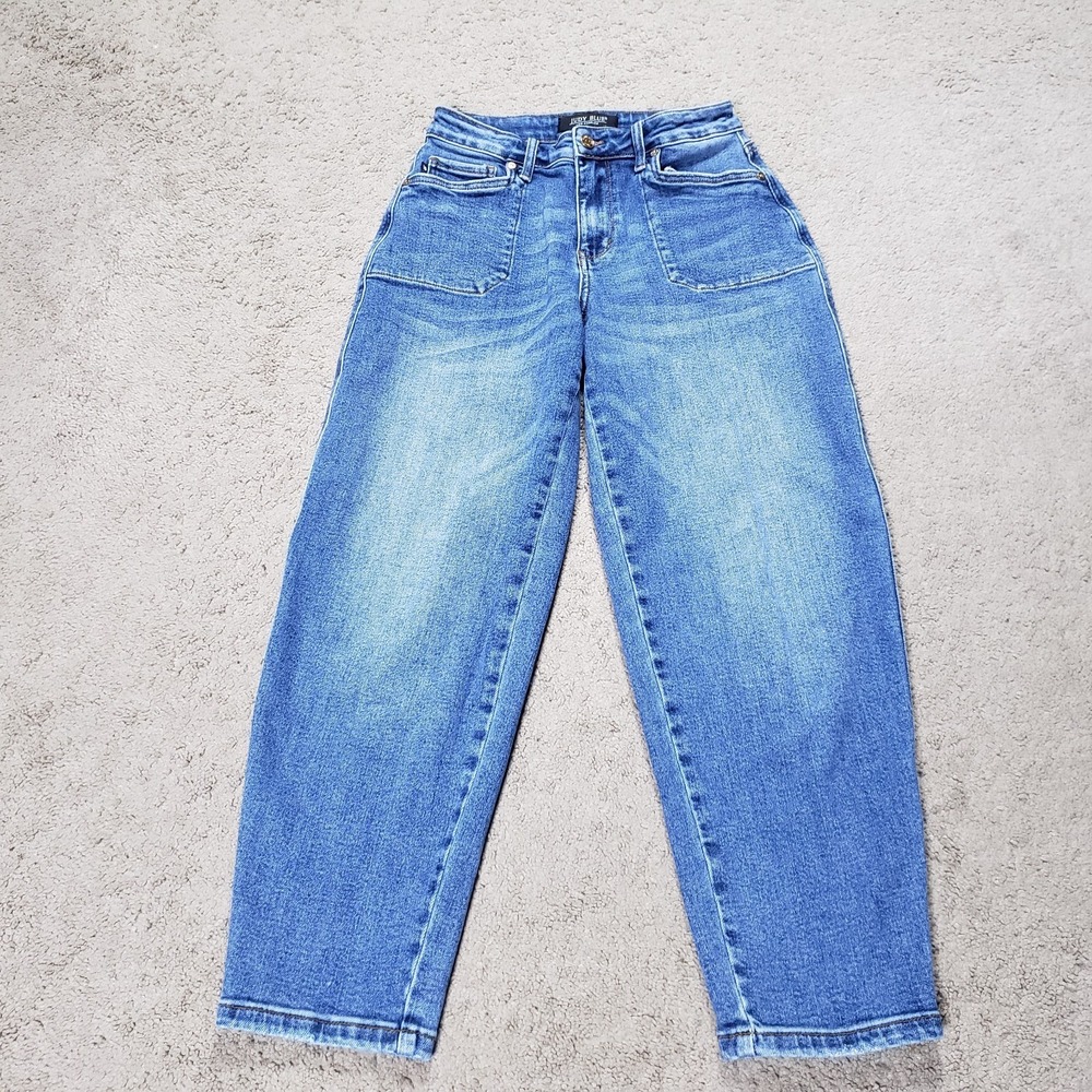 Judy Blue Barrel Fit Jeans Womens 3/26 Blue Mid Rise Relaxed Drapey Stretch